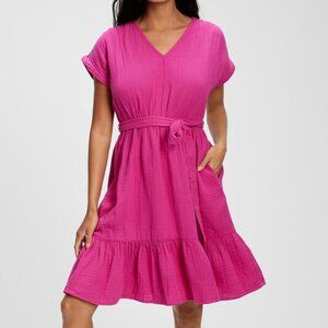 GAP Tiered V-Neck Dress Fuchsia Magenta Pink Purple ? Belted Cotton Knee or Midi